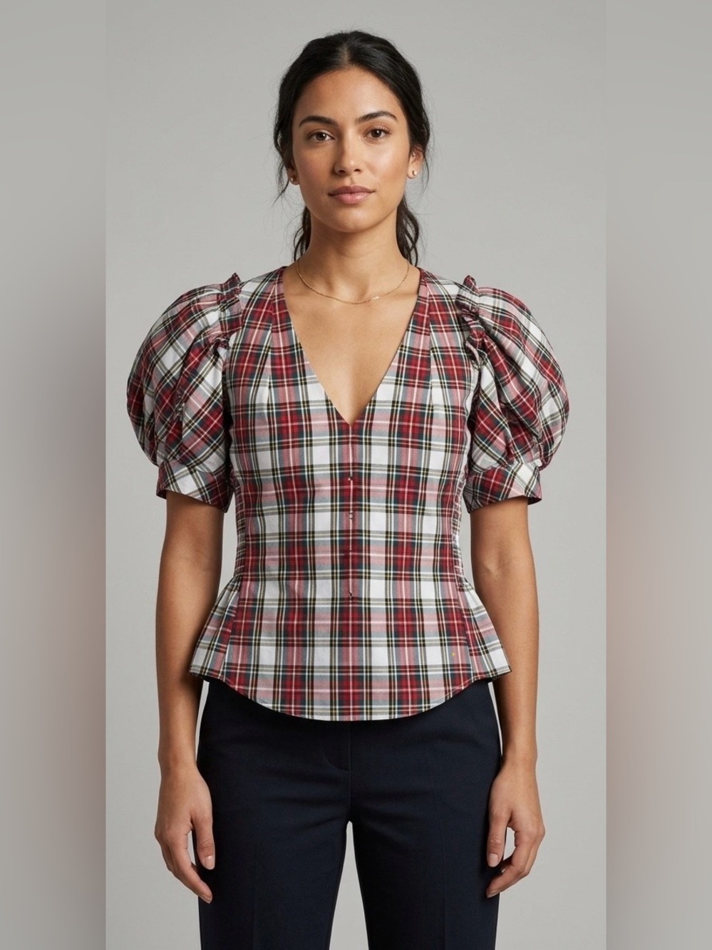 Petersyn Plaid Statement Puff Sleeve V-Neck Blouse Top Red White XS